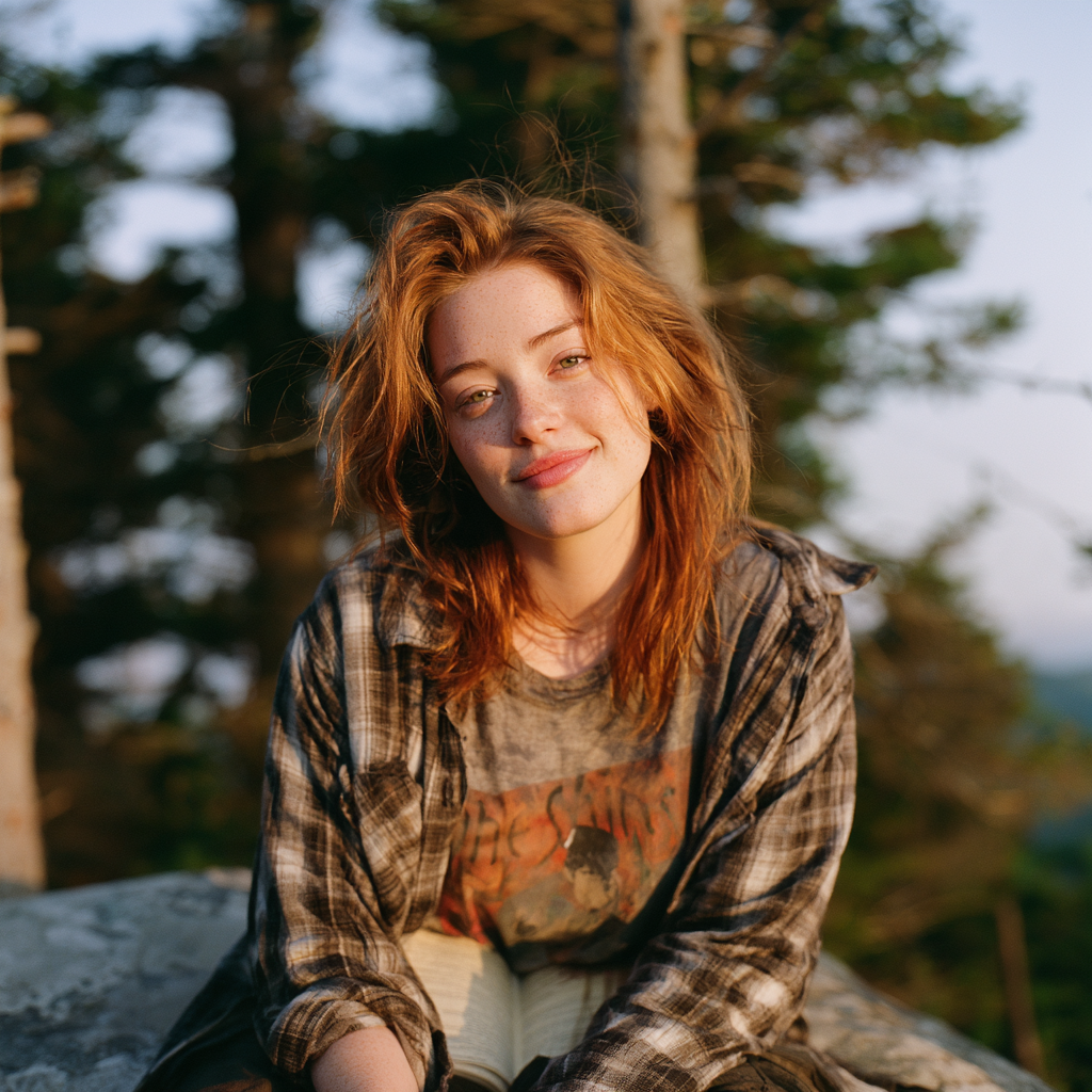 Val — copper-auburn hair, flannel over a Shins shirt, sitting on a trail rock in golden hour light